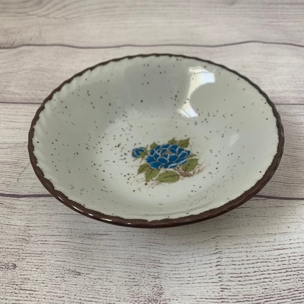 Vintage Japanese Speckled Stoneware Bowl Blue Poppy Peony Floral Scalloped Rim